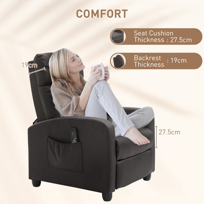 HOMCOM Recliner Armchair, Massage Faux Leather Push Back Reclining Chair with Adjustable Leg Rest, Side Pocket, for Home Living Room Theatre, Brown 