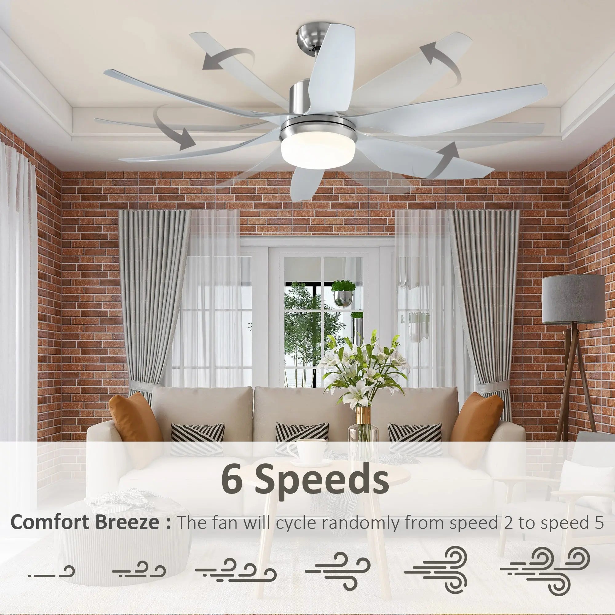 HOMCOM Reversible Ceiling Fan with Light, 6 Blades Indoor Modern Mount LED Lighting Fan with Remote Controller, for Bedroom, Living Room, Silver 