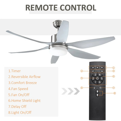 HOMCOM Reversible Ceiling Fan with Light, 6 Blades Indoor Modern Mount LED Lighting Fan with Remote Controller, for Bedroom, Living Room, Silver 