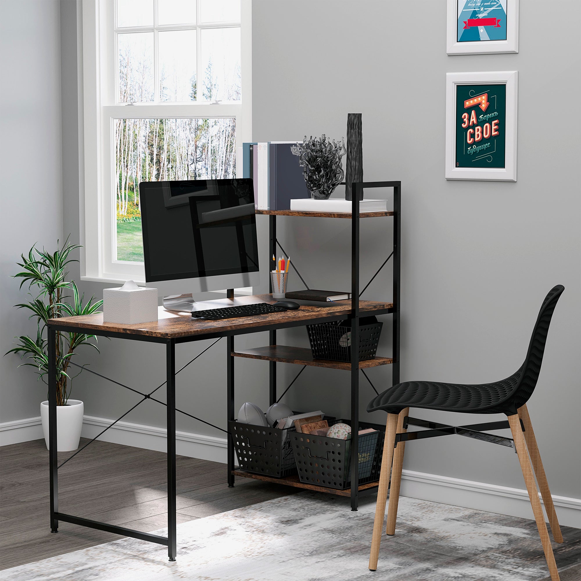 HOMCOM Reversible Computer Desk with Storage Shelves on Left or Right, Industrial Reversible Writing Desk for Home Office, Study, Easy Assembly, 120 x 64 x 121cm, Rustic Brown and Black 