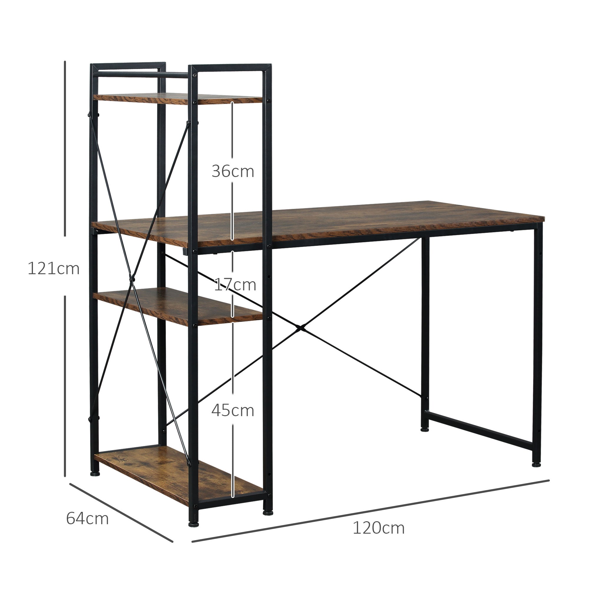 HOMCOM Reversible Computer Desk with Storage Shelves on Left or Right, Industrial Reversible Writing Desk for Home Office, Study, Easy Assembly, 120 x 64 x 121cm, Rustic Brown and Black 