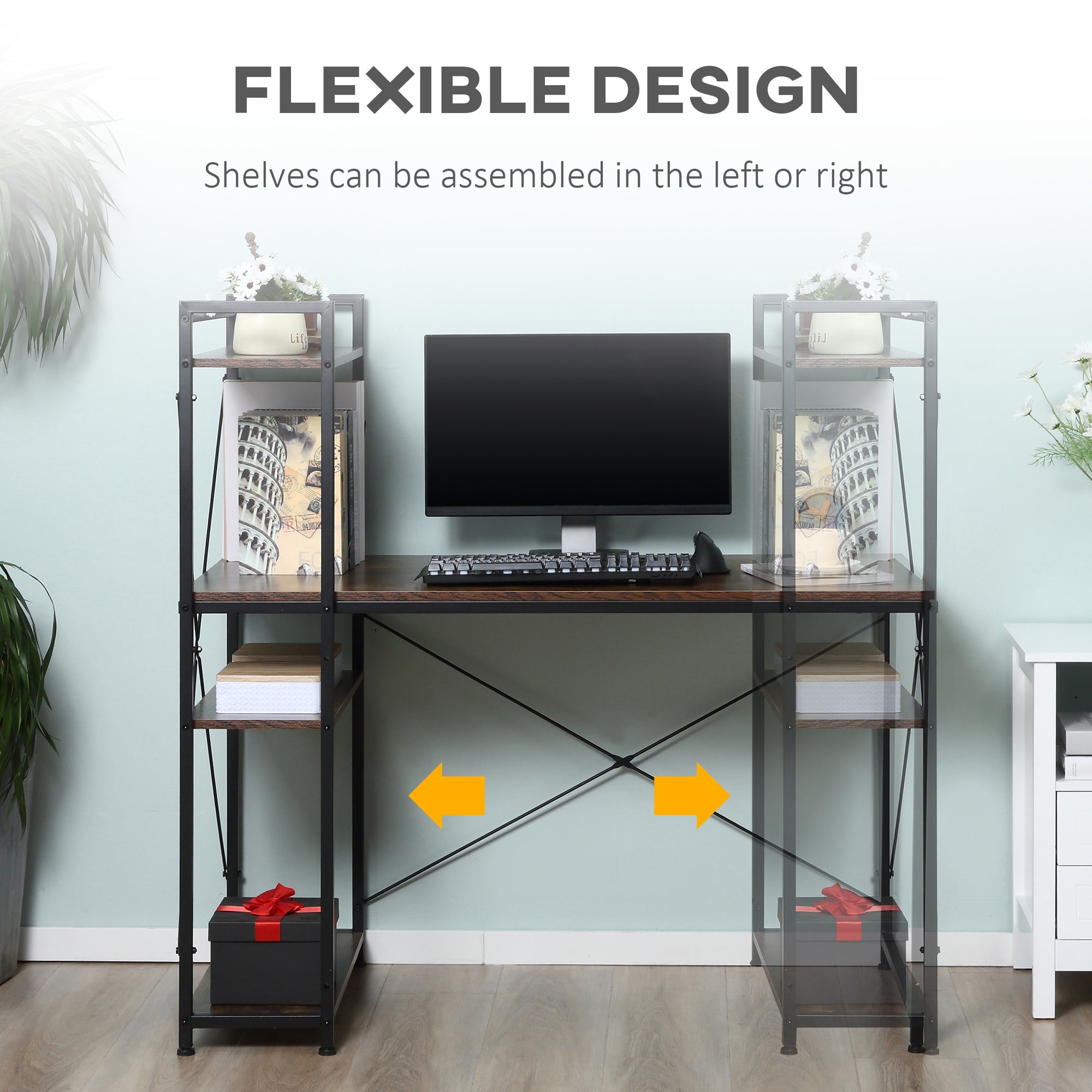 HOMCOM Reversible Computer Desk with Storage Shelves on Left or Right, Industrial Reversible Writing Desk for Home Office, Study, Easy Assembly, 120 x 64 x 121cm, Rustic Brown and Black 