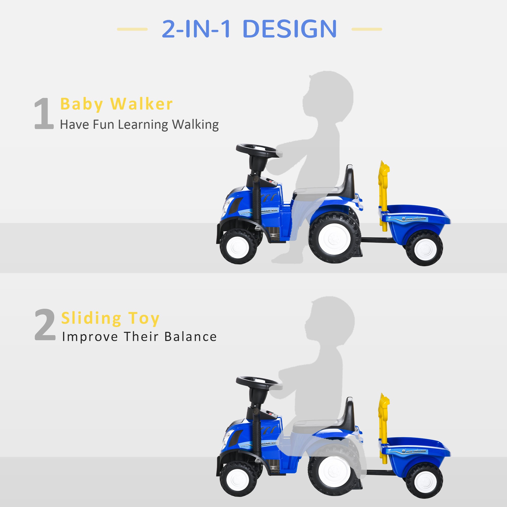 HOMCOM Ride On Tractor Toddler Walker Foot To Floor Slider w/ Horn Storage Steering Wheel for 1-3 Years Old Blue 