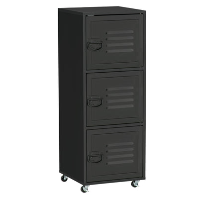 HOMCOM Rolling Storage Cabinet 3-Tier Mobile File Cabinet with Wheels & Metal Doors for Home Office, Living Room, Black 