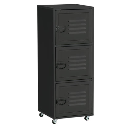 HOMCOM Rolling Storage Cabinet 3-Tier Mobile File Cabinet with Wheels & Metal Doors for Home Office, Living Room, Black 