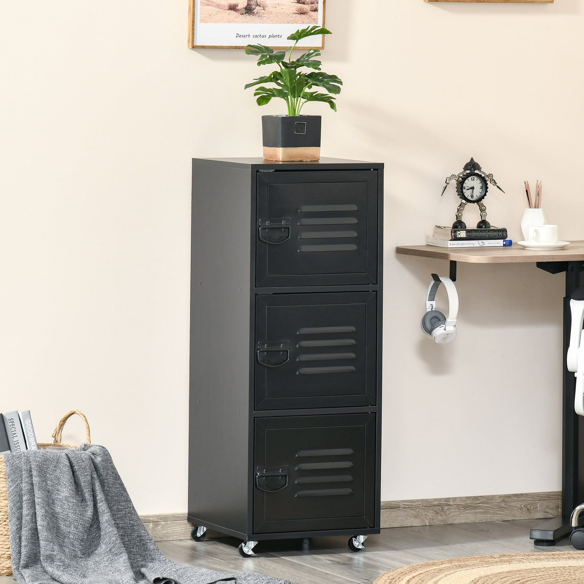 HOMCOM Rolling Storage Cabinet 3-Tier Mobile File Cabinet with Wheels & Metal Doors for Home Office, Living Room, Black 