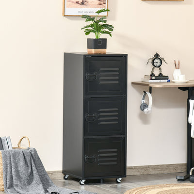 HOMCOM Rolling Storage Cabinet 3-Tier Mobile File Cabinet with Wheels & Metal Doors for Home Office, Living Room, Black 
