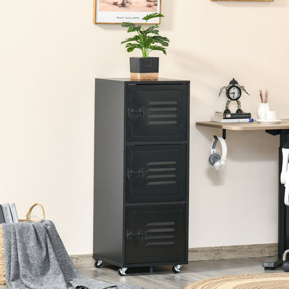 HOMCOM Rolling Storage Cabinet 3-Tier Mobile File Cabinet with Wheels & Metal Doors for Home Office, Living Room, Black 