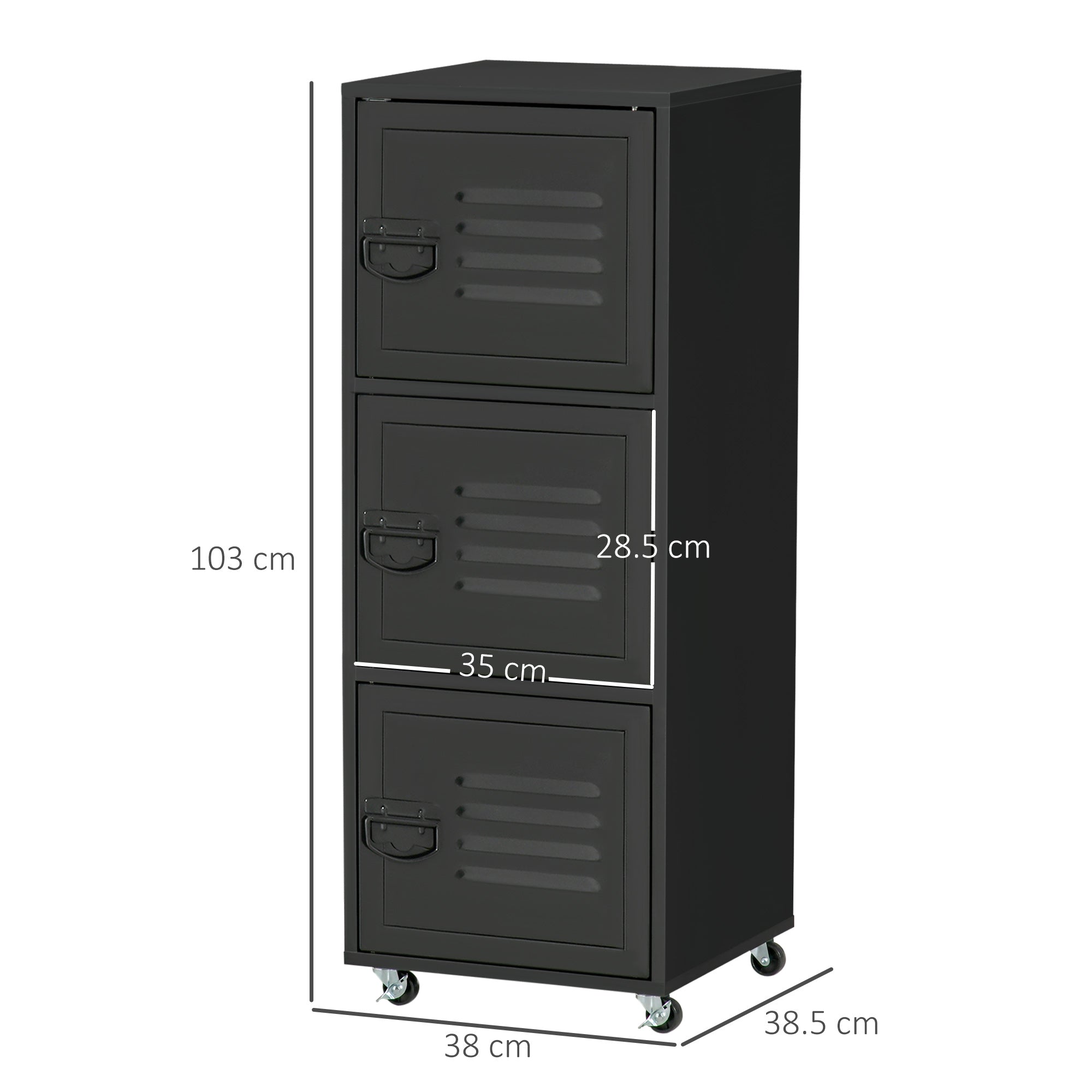 HOMCOM Rolling Storage Cabinet 3-Tier Mobile File Cabinet with Wheels & Metal Doors for Home Office, Living Room, Black 