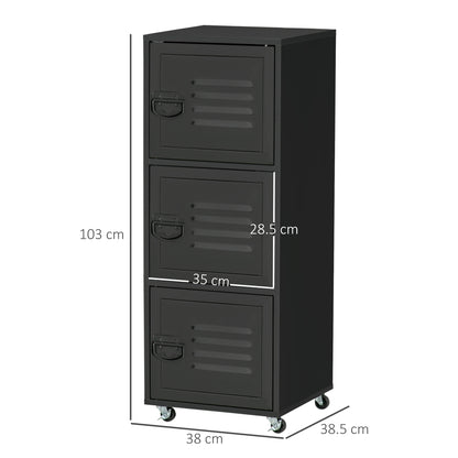 HOMCOM Rolling Storage Cabinet 3-Tier Mobile File Cabinet with Wheels & Metal Doors for Home Office, Living Room, Black 