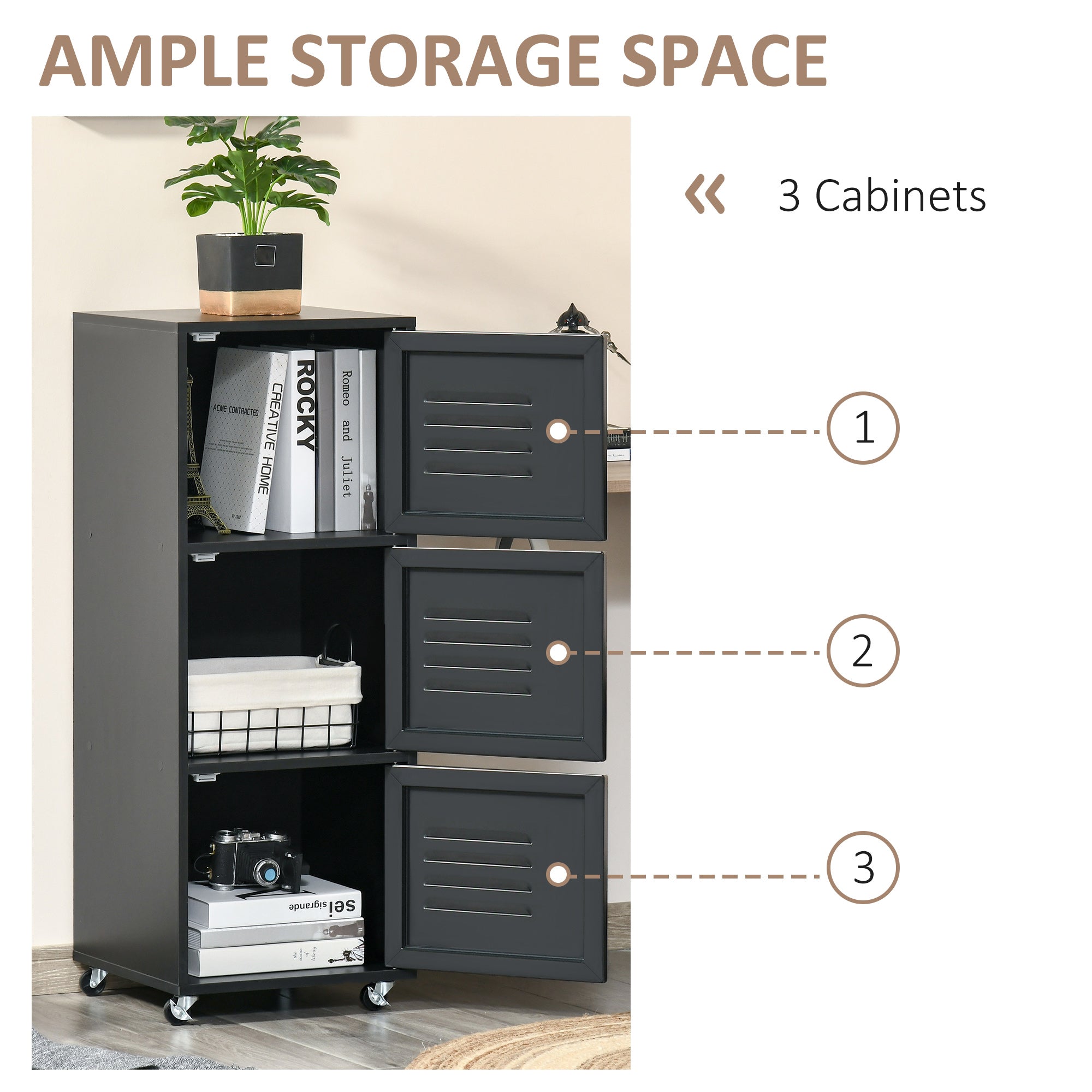 HOMCOM Rolling Storage Cabinet 3-Tier Mobile File Cabinet with Wheels & Metal Doors for Home Office, Living Room, Black 
