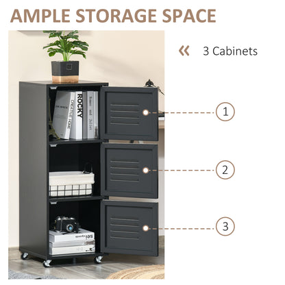 HOMCOM Rolling Storage Cabinet 3-Tier Mobile File Cabinet with Wheels & Metal Doors for Home Office, Living Room, Black 