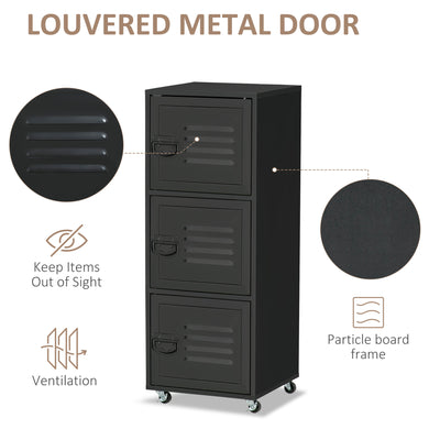 HOMCOM Rolling Storage Cabinet 3-Tier Mobile File Cabinet with Wheels & Metal Doors for Home Office, Living Room, Black 