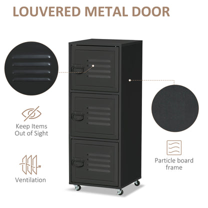 HOMCOM Rolling Storage Cabinet 3-Tier Mobile File Cabinet with Wheels & Metal Doors for Home Office, Living Room, Black 