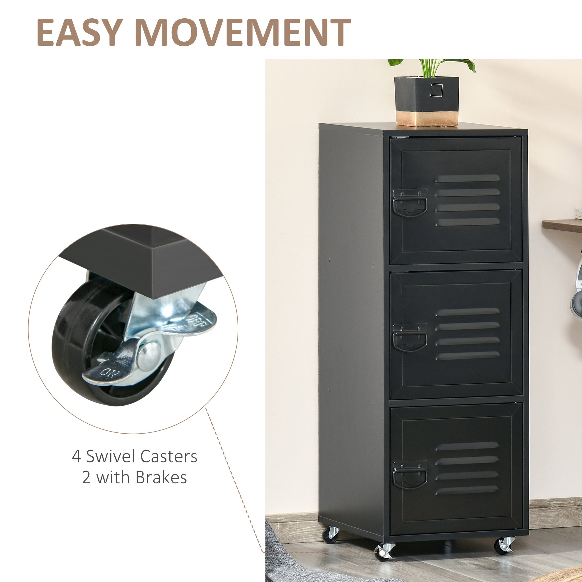 HOMCOM Rolling Storage Cabinet 3-Tier Mobile File Cabinet with Wheels & Metal Doors for Home Office, Living Room, Black 