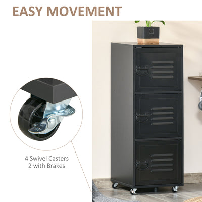 HOMCOM Rolling Storage Cabinet 3-Tier Mobile File Cabinet with Wheels & Metal Doors for Home Office, Living Room, Black 
