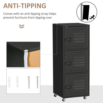 HOMCOM Rolling Storage Cabinet 3-Tier Mobile File Cabinet with Wheels & Metal Doors for Home Office, Living Room, Black 