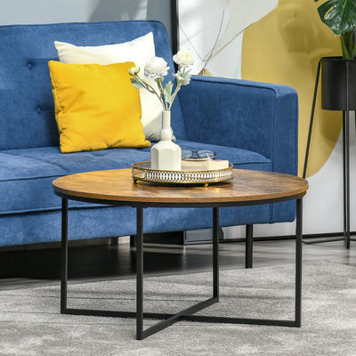 HOMCOM Round Coffee Table, Industrial Side Table with Metal Frame, Large Coffee Tables for Living Room, Bedroom, Rustic Brown 
