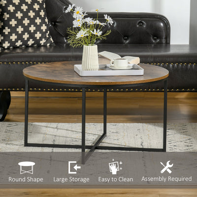HOMCOM Round Coffee Table, Industrial Side Table with Metal Frame, Large Coffee Tables for Living Room, Bedroom, Rustic Brown 