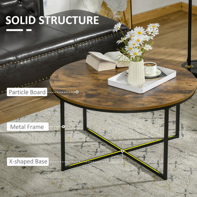HOMCOM Round Coffee Table, Industrial Side Table with Metal Frame, Large Coffee Tables for Living Room, Bedroom, Rustic Brown 
