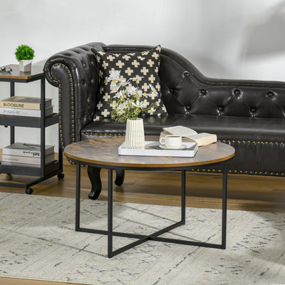 HOMCOM Round Coffee Table, Industrial Side Table with Metal Frame, Large Coffee Tables for Living Room, Bedroom, Rustic Brown 