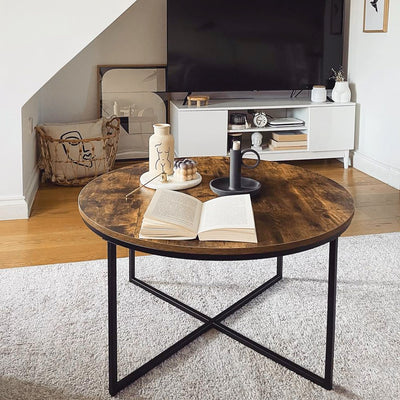 HOMCOM Round Coffee Table, Industrial Side Table with Metal Frame, Large Coffee Tables for Living Room, Bedroom, Rustic Brown 