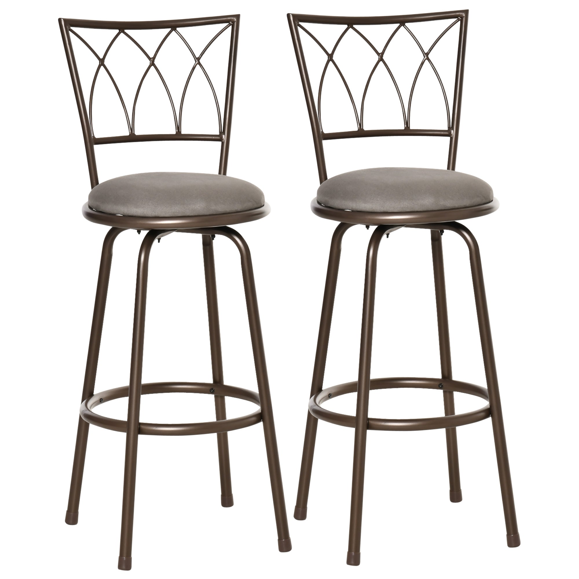 HOMCOM Set of 2 Bar Chairs Swivel Armless Upholstered Metal Frame Barstools with Backrest & Footrest, Bronze 