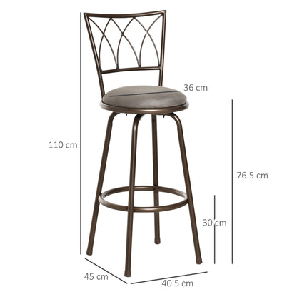 HOMCOM Set of 2 Bar Chairs Swivel Armless Upholstered Metal Frame Barstools with Backrest & Footrest, Bronze 