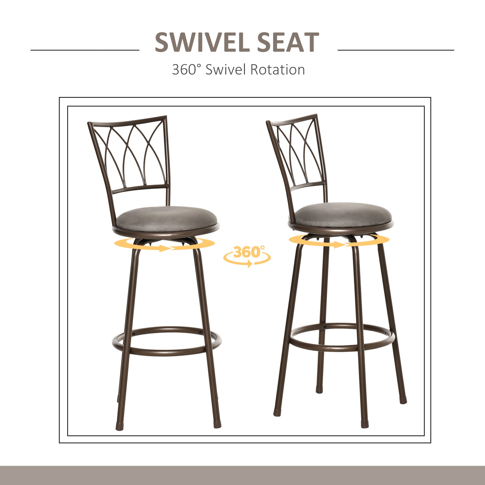 HOMCOM Set of 2 Bar Chairs Swivel Armless Upholstered Metal Frame Barstools with Backrest & Footrest, Bronze 