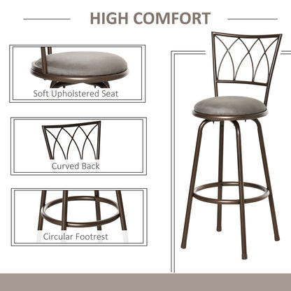 HOMCOM Set of 2 Bar Chairs Swivel Armless Upholstered Metal Frame Barstools with Backrest & Footrest, Bronze 