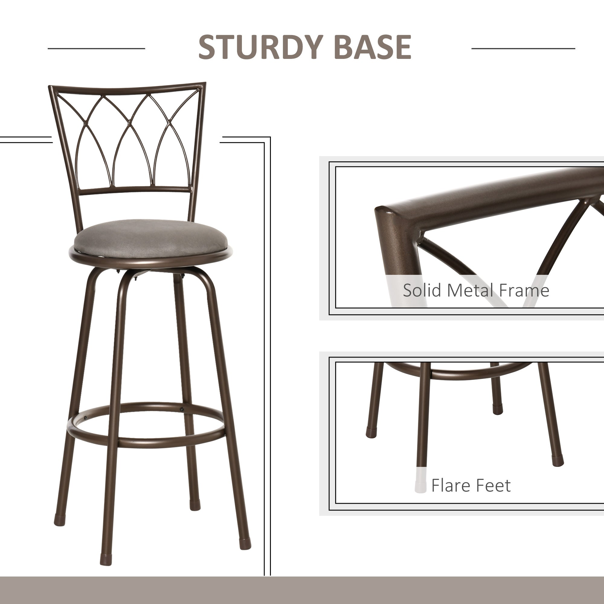 HOMCOM Set of 2 Bar Chairs Swivel Armless Upholstered Metal Frame Barstools with Backrest & Footrest, Bronze 