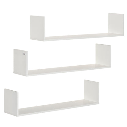 HOMCOM Set of 3 Wooden U-Shaped Floating Shelves Set Wall Mounted Hanging Bookshelf CD DVD Storage Display for Bedroom Living Room Kitchen, White 
