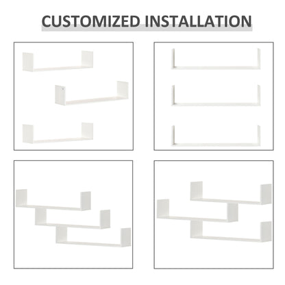 HOMCOM Set of 3 Wooden U-Shaped Floating Shelves Set Wall Mounted Hanging Bookshelf CD DVD Storage Display for Bedroom Living Room Kitchen, White 