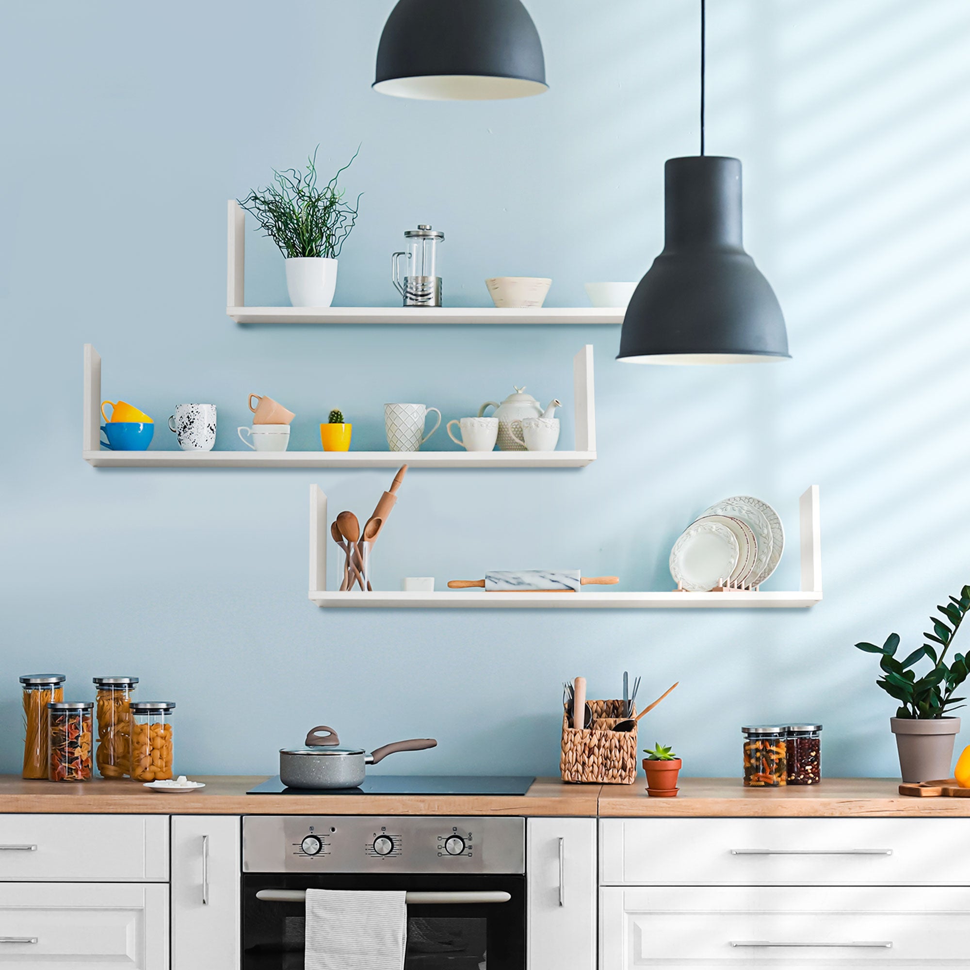 HOMCOM Set of 3 Wooden U-Shaped Floating Shelves Set Wall Mounted Hanging Bookshelf CD DVD Storage Display for Bedroom Living Room Kitchen, White 