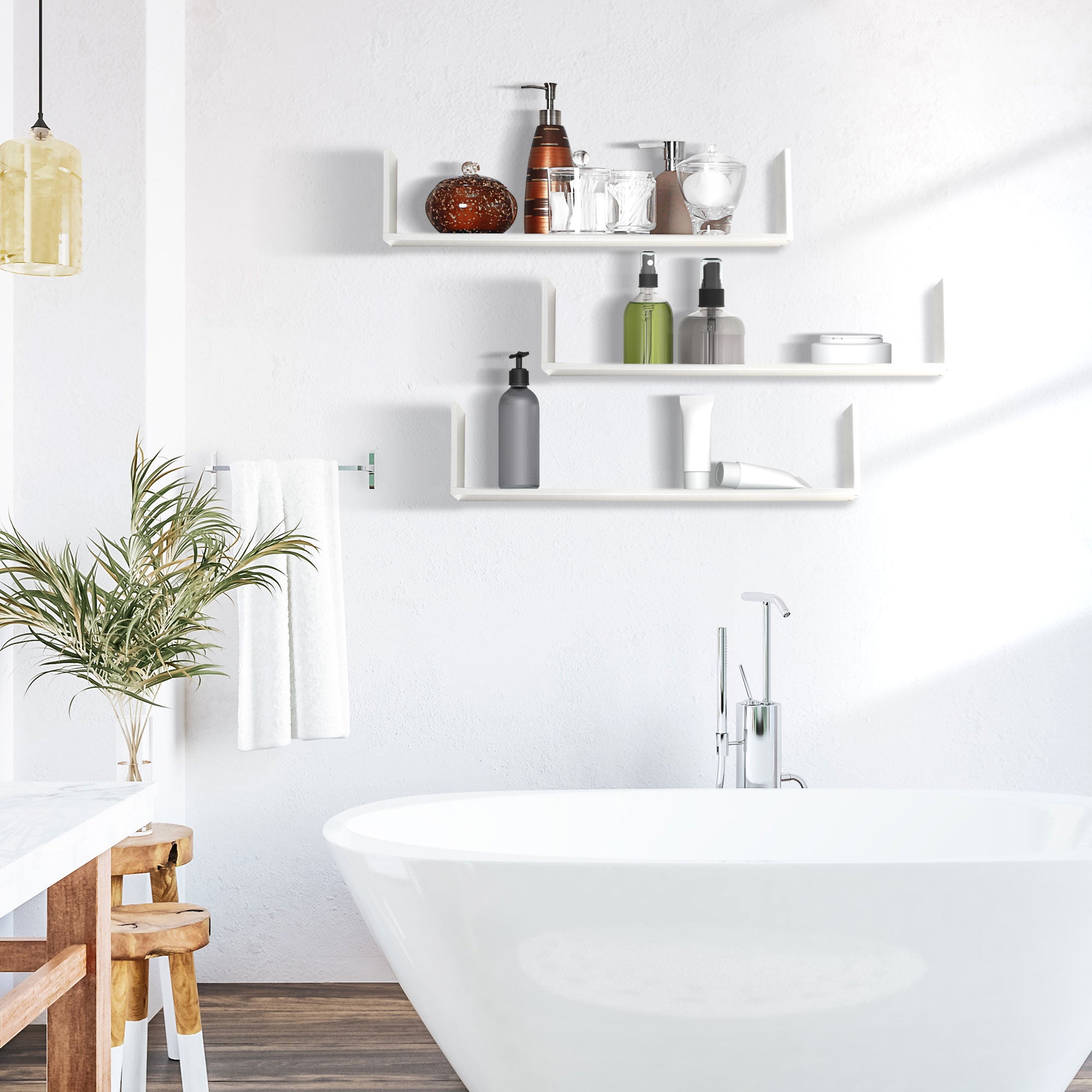 HOMCOM Set of 3 Wooden U-Shaped Floating Shelves Set Wall Mounted Hanging Bookshelf CD DVD Storage Display for Bedroom Living Room Kitchen, White 