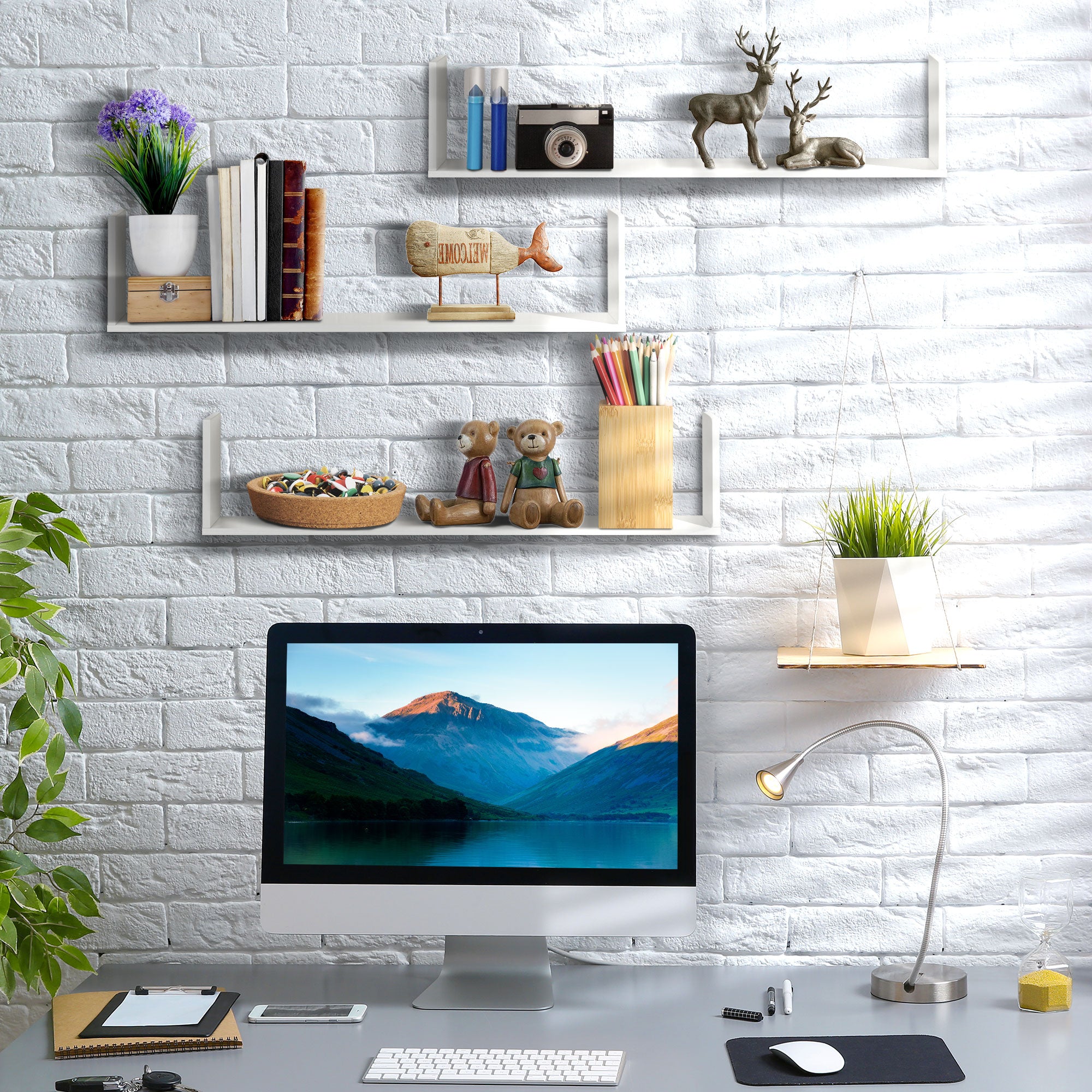 HOMCOM Set of 3 Wooden U-Shaped Floating Shelves Set Wall Mounted Hanging Bookshelf CD DVD Storage Display for Bedroom Living Room Kitchen, White 