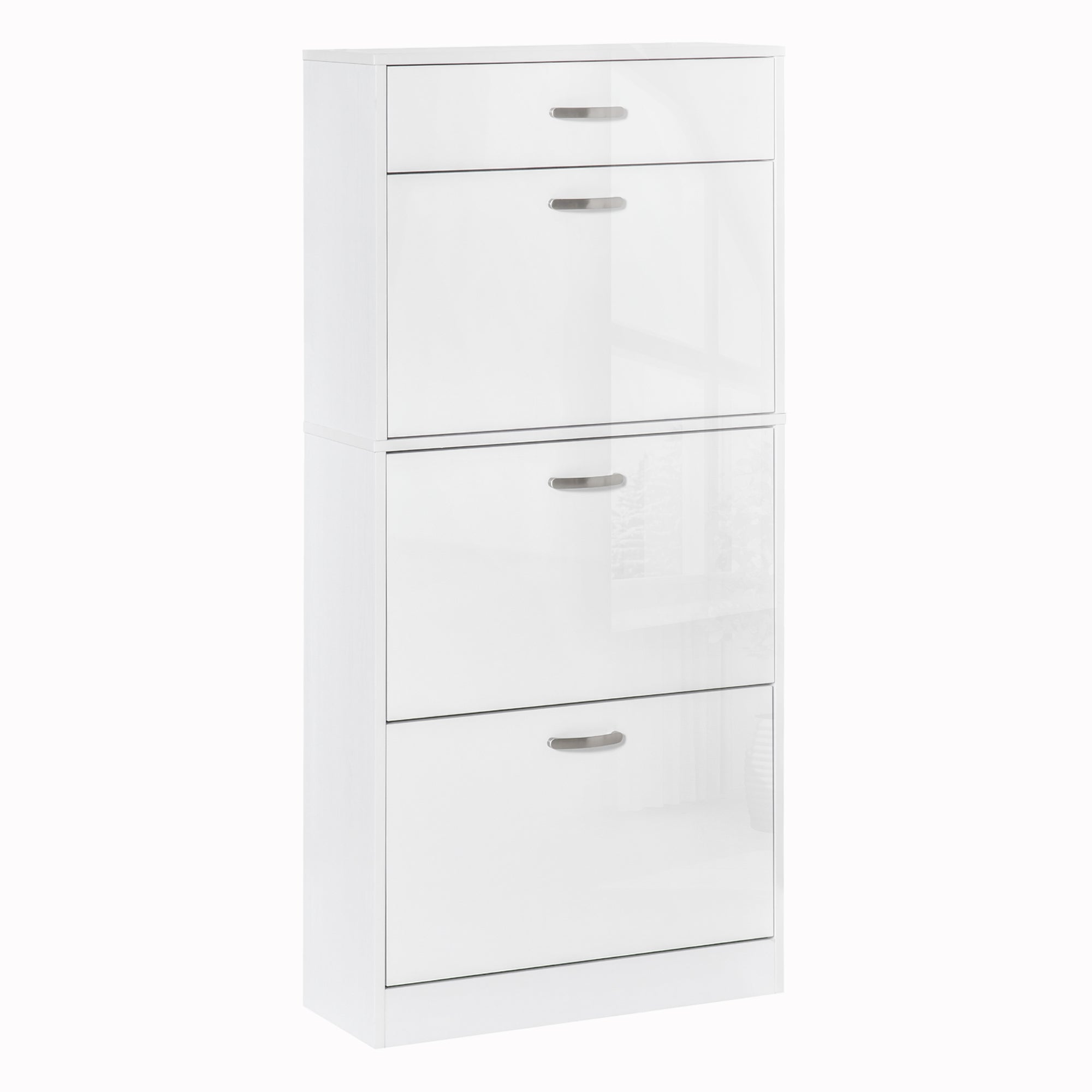 HOMCOM Shoe Cabinet with 3 Flip Drawers, High Gloss Shoe Storage Cabinet with Top Drawer and Adjustable Shelves, Shoe Cupboard for 18 Pairs, White 