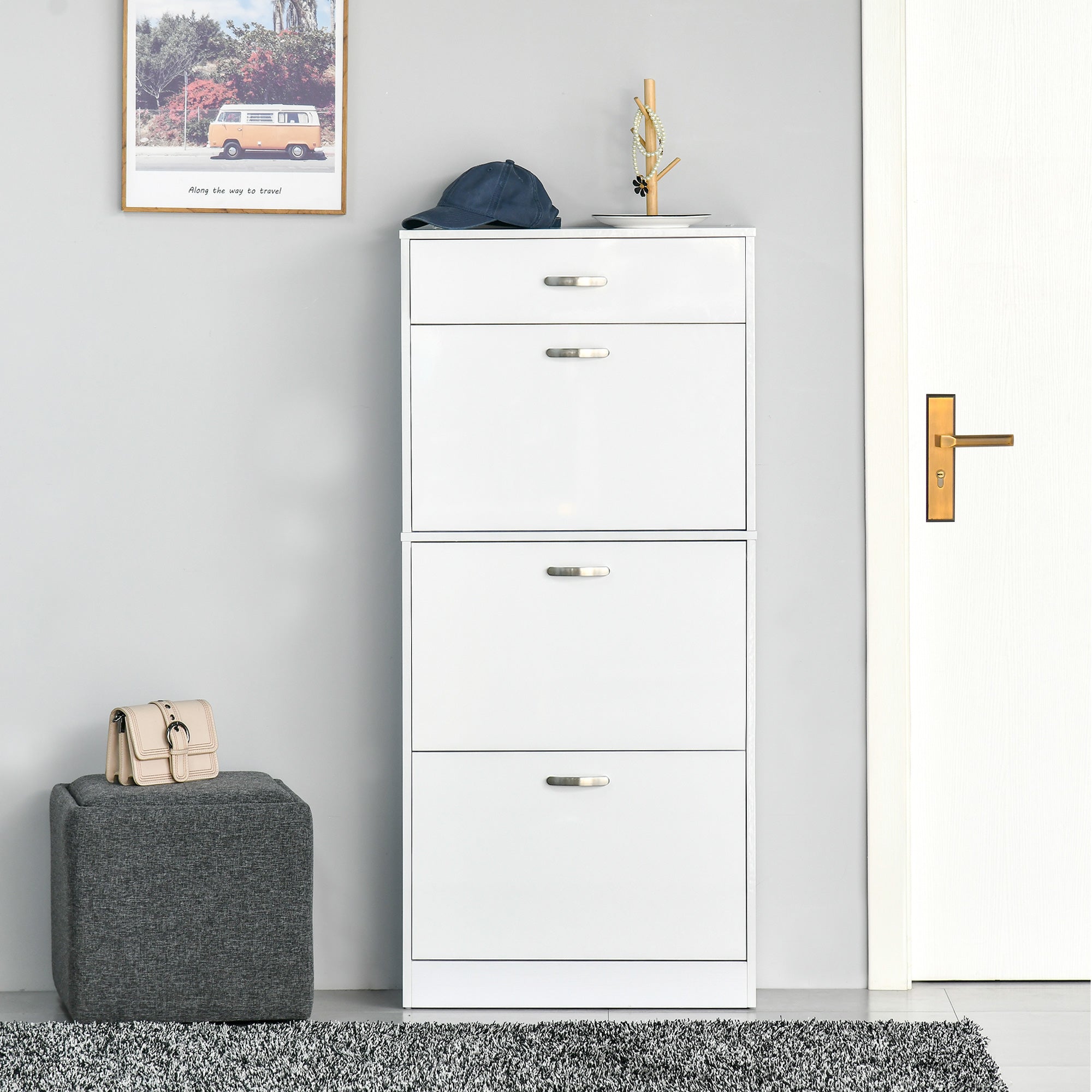 HOMCOM Shoe Cabinet with 3 Flip Drawers, High Gloss Shoe Storage Cabinet with Top Drawer and Adjustable Shelves, Shoe Cupboard for 18 Pairs, White 