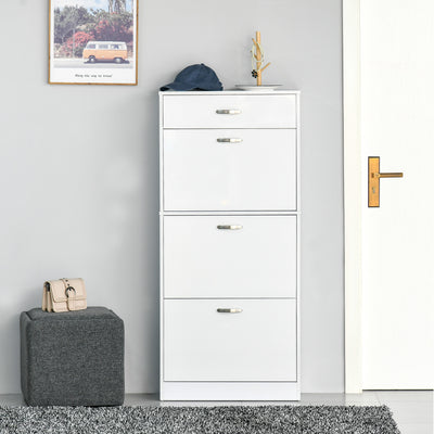 HOMCOM Shoe Cabinet with 3 Flip Drawers, High Gloss Shoe Storage Cabinet with Top Drawer and Adjustable Shelves, Shoe Cupboard for 18 Pairs, White 
