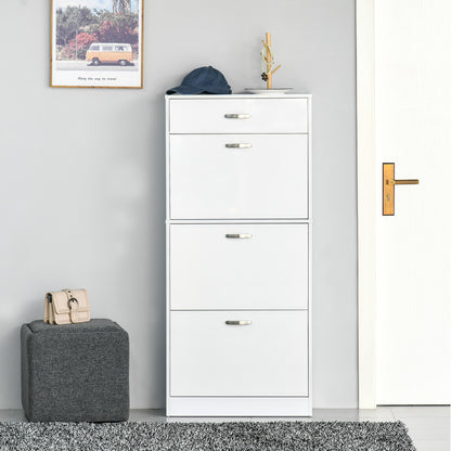HOMCOM Shoe Cabinet with 3 Flip Drawers, High Gloss Shoe Storage Cabinet with Top Drawer and Adjustable Shelves, Shoe Cupboard for 18 Pairs, White 