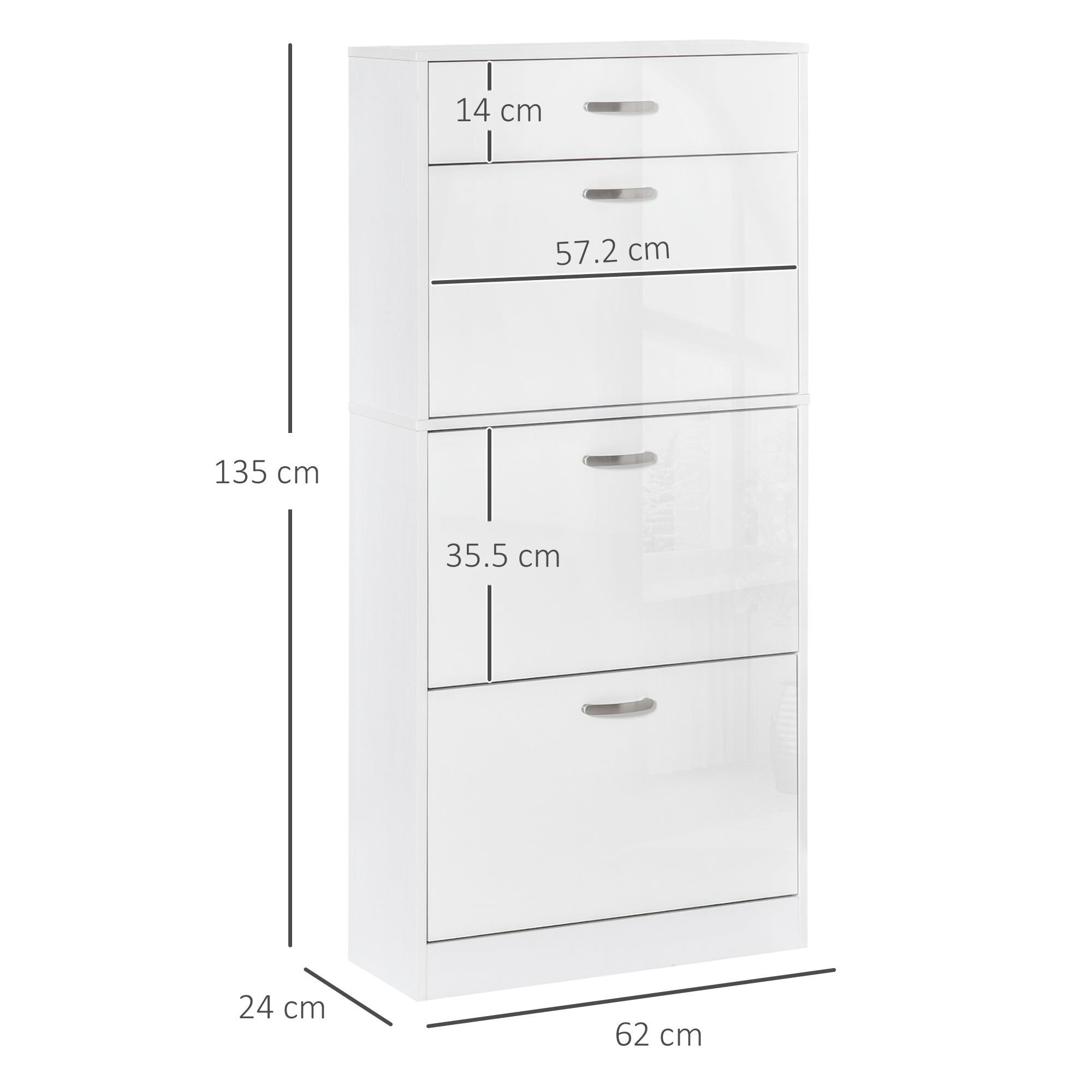 HOMCOM Shoe Cabinet with 3 Flip Drawers, High Gloss Shoe Storage Cabinet with Top Drawer and Adjustable Shelves, Shoe Cupboard for 18 Pairs, White 
