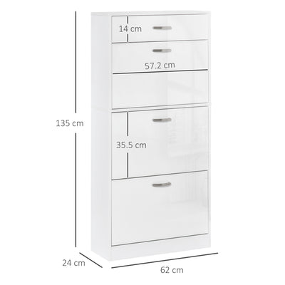 HOMCOM Shoe Cabinet with 3 Flip Drawers, High Gloss Shoe Storage Cabinet with Top Drawer and Adjustable Shelves, Shoe Cupboard for 18 Pairs, White 