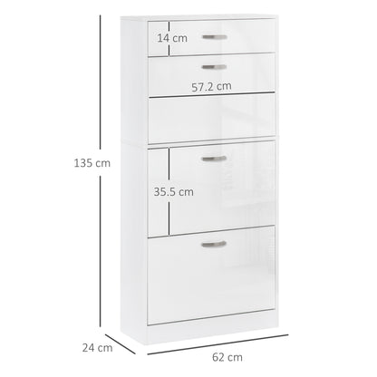 HOMCOM Shoe Cabinet with 3 Flip Drawers, High Gloss Shoe Storage Cabinet with Top Drawer and Adjustable Shelves, Shoe Cupboard for 18 Pairs, White 