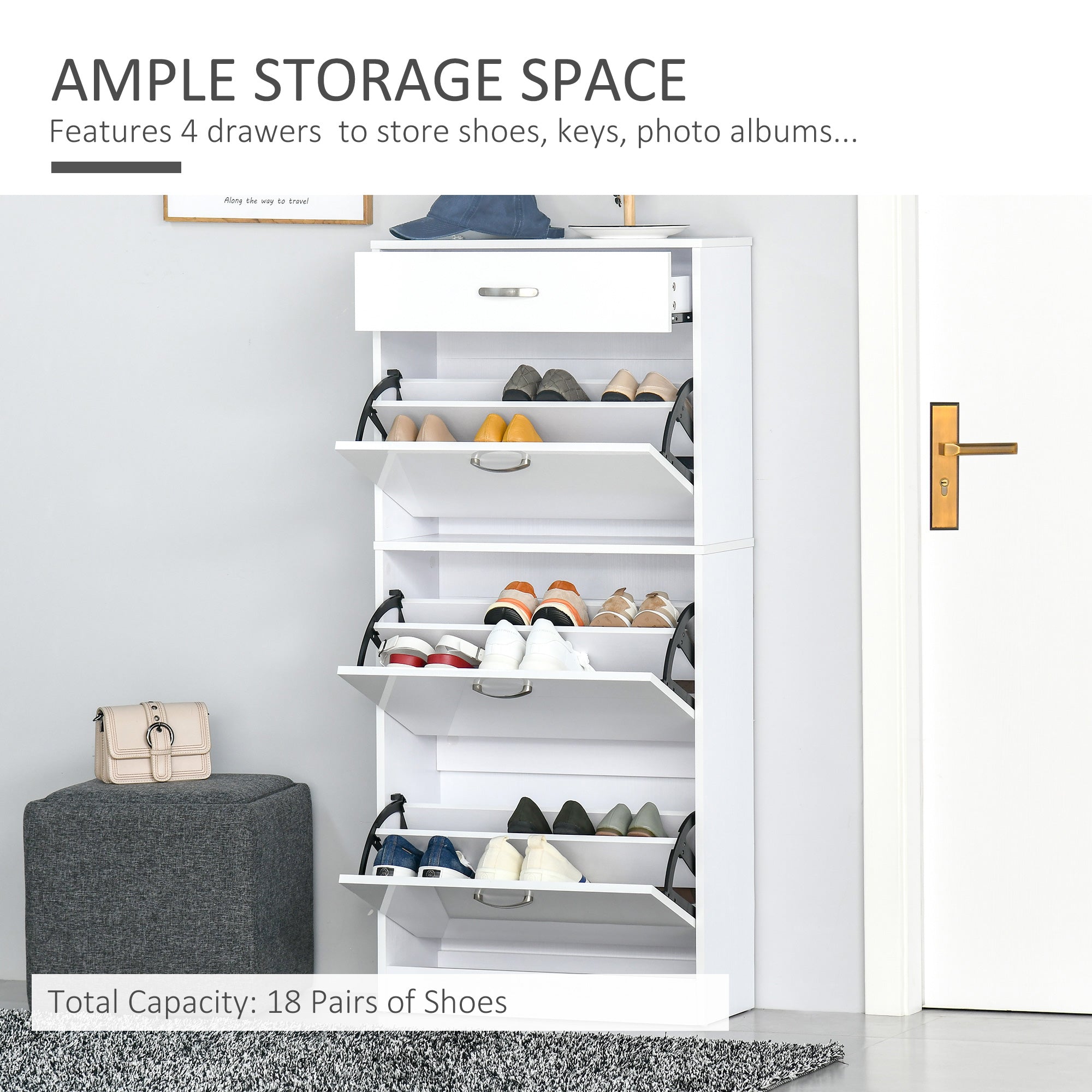 HOMCOM Shoe Cabinet with 3 Flip Drawers, High Gloss Shoe Storage Cabinet with Top Drawer and Adjustable Shelves, Shoe Cupboard for 18 Pairs, White 