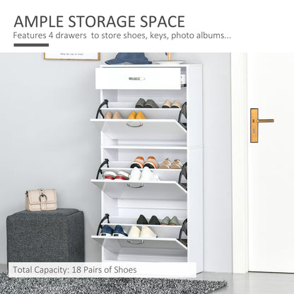 HOMCOM Shoe Cabinet with 3 Flip Drawers, High Gloss Shoe Storage Cabinet with Top Drawer and Adjustable Shelves, Shoe Cupboard for 18 Pairs, White 