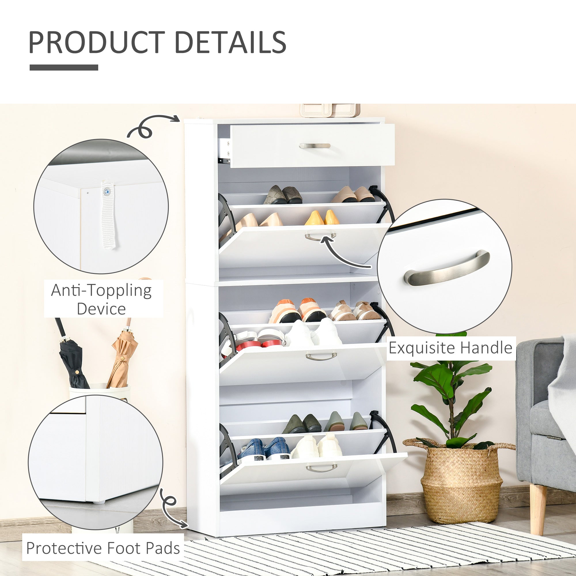 HOMCOM Shoe Cabinet with 3 Flip Drawers, High Gloss Shoe Storage Cabinet with Top Drawer and Adjustable Shelves, Shoe Cupboard for 18 Pairs, White 