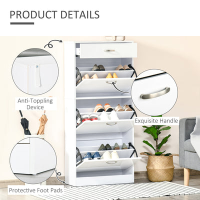HOMCOM Shoe Cabinet with 3 Flip Drawers, High Gloss Shoe Storage Cabinet with Top Drawer and Adjustable Shelves, Shoe Cupboard for 18 Pairs, White 