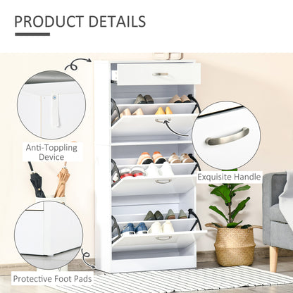 HOMCOM Shoe Cabinet with 3 Flip Drawers, High Gloss Shoe Storage Cabinet with Top Drawer and Adjustable Shelves, Shoe Cupboard for 18 Pairs, White 