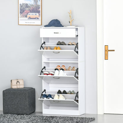 HOMCOM Shoe Cabinet with 3 Flip Drawers, High Gloss Shoe Storage Cabinet with Top Drawer and Adjustable Shelves, Shoe Cupboard for 18 Pairs, White 