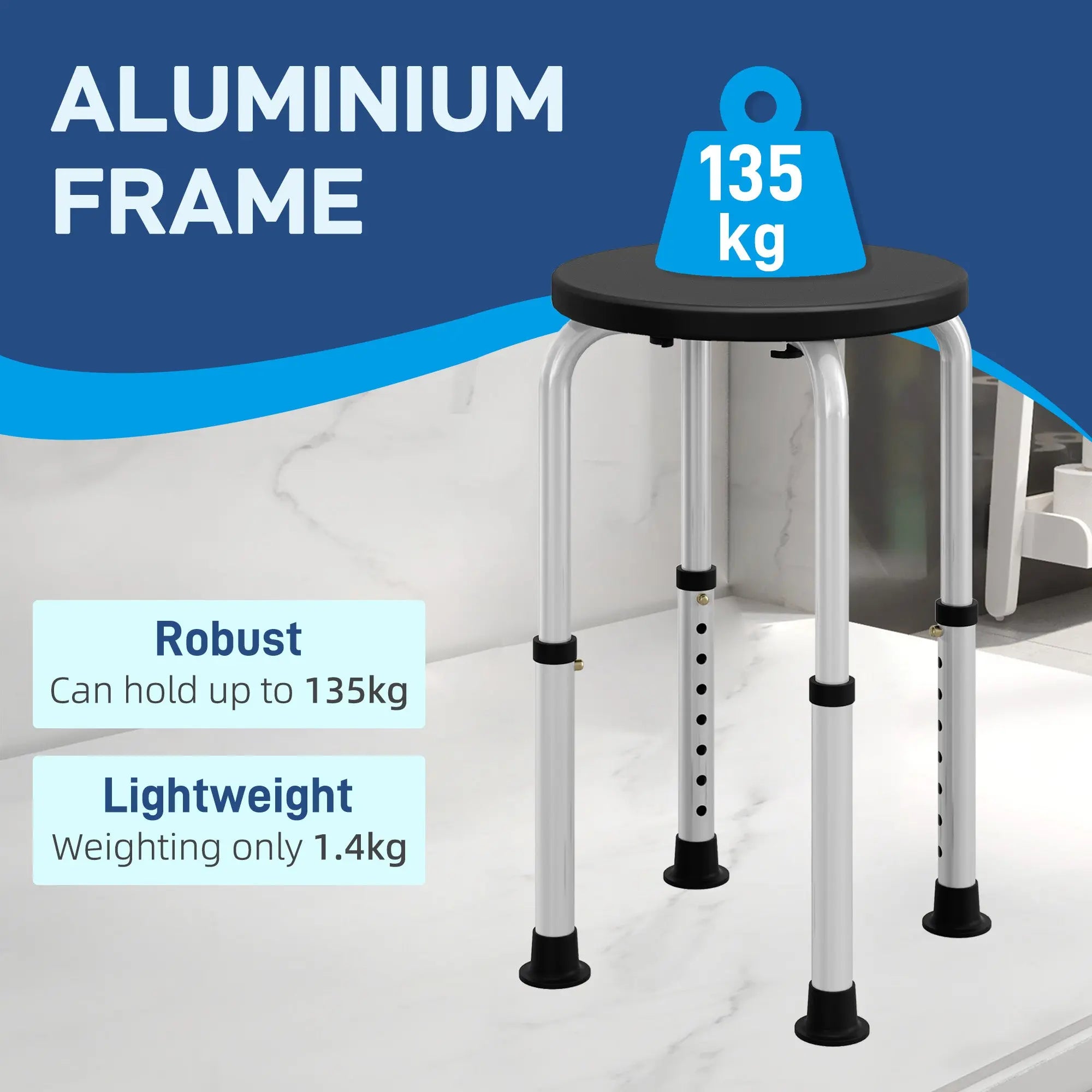 HOMCOM Shower Chair, Height Adjustable Aluminium Shower Stool with Non-Slip Feet for Disabled, Elderly, Black 